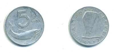 ИТАЛИЯ 5 ЛИР 1954 R, РУЛЬ, ДЕЛЬФИН KM 92 алюминий 23-1117