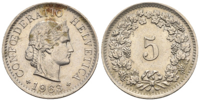 Швейцария 5 раппенов 1963 B KM 26 медно-никель 4609-1014