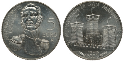 Сан-Марино 5 евро 2005 R, Антонио Онофри KM 468 серебро UNC 02-070-45