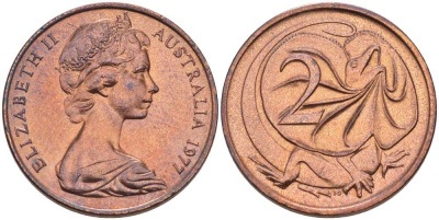 АВСТРАЛИЯ 2 ЦЕНТА 1977 ЕЛИЗАВЕТА II, МОЛОДОЙ ПОРТРЕТ, ПЛАЩЕНОСНАЯ ЯЩЕРИЦА (FRILLED LIZARD) KM 63 бронза 4385-1054