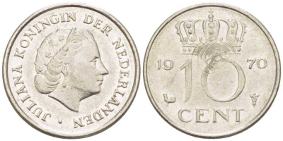 Нидерланды 10 центов 1970 Юлиана (1948-1980) KM 182 никель 214-1246