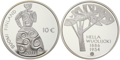 Финляндия 10 евро 2011 125 лет со дня рождения Хелла Вуолийоки, писательница KM 165 серебро  PROOF  1095-5-11
