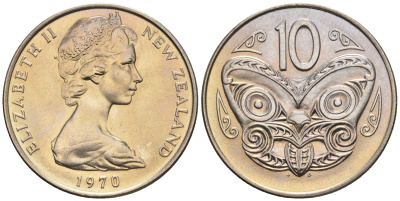 Новая Зеландия 10 центов 1970 Елизавета II (1952-2022), маска маори KM 41.1 медно-никель  UNC  4177-1152