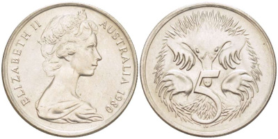 АВСТРАЛИЯ 5 ЦЕНТОВ 1980 ЕЛИЗАВЕТА II (1952-) МОЛОДОЙ ПОРТРЕТ, ЕХИДНА KM 64 медно-никель 4516-662