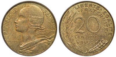 Франция 20 сантимов 1993 тип Marianne KM 930, Le Franc 156.35 медь алюминий никель 4128-235