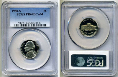 США 5 центов 1988 S, президент Джеферсон, в слабе PCGS PR69CAM KM А192 медно-никель PROOF 15-003-10
