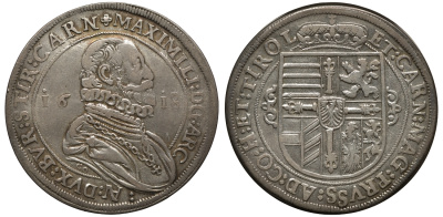 Австрия, Священная Римская империя 1 талер 1618 эрцгерцог Максимилиан Dav. 3324 серебро 00-817-26