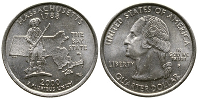 США 25 центов = квотер 2000 Р, серия штаты США, Массачусетс KM 305 медь плакированная медно-никелем 56-314