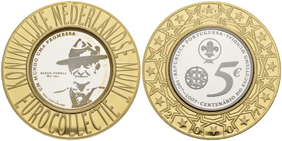 Португалия 5 евро 2007 100 лет движения скаутов, Роберт Баден-Пауэлл (1857-1941), коллекция Нидерландского монетного двора KM 770 a серебро PROOF 11-060-34