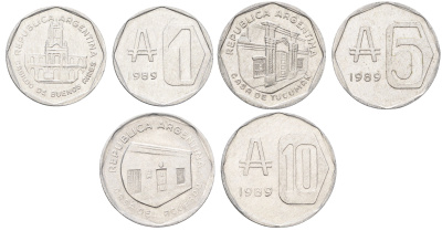 Аргентина годовой набор из 3 монет (1, 5 и 10 аустралей) 1989 KM 100, 101 и 102 алюминий UNC 4662-811-813