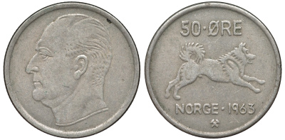 Норвегия 50 эре 1963 Улаф V (1957-1991), собака KM 408 медно-никель 4556-1036