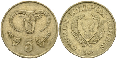 Кипр 5 центов 1983 голова быка KM 55.1 никель латунь 4141-855