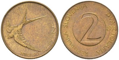 Словения 2 толара 1994 ласточка, открытая четвертка (4) KM 5 латунь 186-254