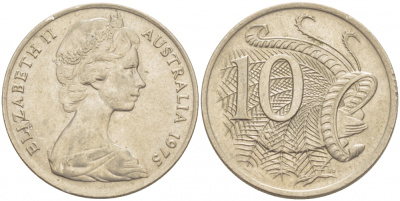 Австралия 10 центов 1975 Елизавета II (1952-), птица лирахвост KM 65 медно-никель 3457-645