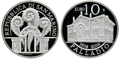 Сан-Марино 10 евро 2008 500 лет Андреа Палладио, в оригинальной коробке, сертификат KM 514 серебро PROOF 2-4-2-13
