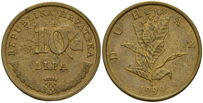 Хорватия 10 лип 1999 табак обыкновенный, легенда на хорватском KM 6 сталь плакированная латунью 4154-627