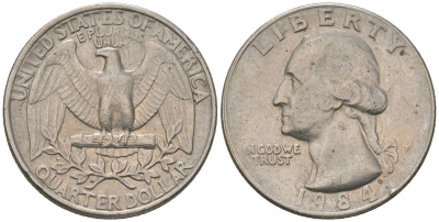 США 25 центов (квотер) 1984 P, Вашингтон KM A164a медь плакированная медно-никелем 4595-311