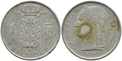 БЕЛЬГИЯ 1 ФРАНК 1951 BELGIQUE KM 142.1 медно-никель 4395-514
