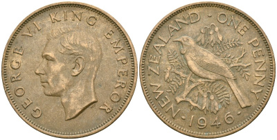 Новая Зеландия 1 пенни 1946 Георг VI (1936-1952), новозеландский туи KM 13 бронза 32-232