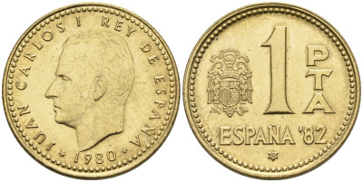 Испания 1 песета 1980 (82) чемпионат мира по футболу 82, Хуан Карлос I (1975-2001) KM 816 алюминиевая бронза 4571-1122