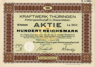 Германия 100 рейхсмарок 1929 АО Электростанция Тюрингии, акция   бумага   8801-111-1