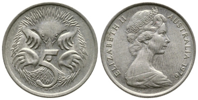 Австралия 5 центов 1976 королева Елизавета II (1952-2022), ехидна KM 64 медно-никель UNC 4609-966