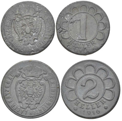 АВСТРИЯ ЛОТ ИЗ 2 МОНЕТ (1 И 2 ГЕЛЛЕРА) 1916 ЛАГЕРНЫЕ ДЕНЬГИ, ЛАГЕРЬ KATZENAU БЛИЗ ГОРОДА ЛИНЦ ДЛЯ ИНТЕРНИРОВАННЫХ ЛИЦ, ВО ВРЕМЯ ПЕРВАЯ МИРОВАЯ ВОЙНЫ, СЛУЖИЛ ДЛЯ УНИЧТОЖЕНИЯ МИРНЫХ ГРАЖДА НАХОДИВШИХСЯ В СОСТОЯНИИ ВОЙНЫ С АВСТРО-ВЕНГРИЕЙ, N5-67