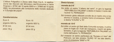 Италия 5 и 10 евро 2003 объединенная Европа серебро UNC 7-5-4-03