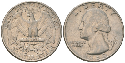 США 25 центов (квотер) 1980 P, Вашингтон KM A164a медь плакированная медно-никелем 4175-356