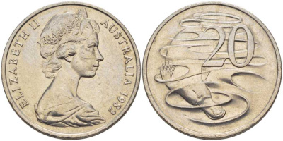 АВСТРАЛИЯ 20 ЦЕНТОВ 1982 ЕЛИЗАВЕТА II, МОЛОДОЙ ПОРТРЕТ, УТКОНОС KM 66 медно-никель 38-724