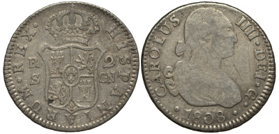 Испания 2 реала 1808 S CN, мондвор (Севилья), Карлос IIII (1788-1808) KM 430.2 ( C69.2) серебро 650-831