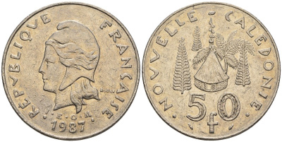 Французская Новая Каледония 50 франков 1987 хижина среди сосен и пальм, (IEOM) KM 13, Schoen 15, Lec 121 никель 4120-242