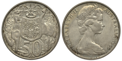 Австралия 50 центов 1966 Елизавета II (1952-2022), герб Австралии, кенгуру KM 67 серебро UNC 272-112