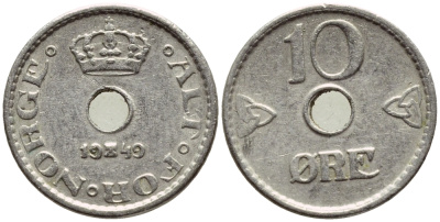 НОРВЕГИЯ 10 ЭРЕ 1949 ХОКОН VII (1905-1957) KM 383 медно-никель 4396-412
