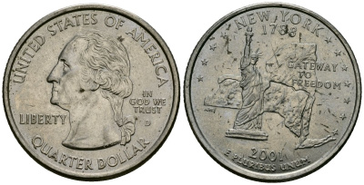 США 25 центов = квотер 2001 D, серия штаты США, Нью-Йорк KM 318 медь плакированный медно-никелем 4138-1012