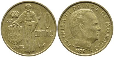 Монако 10 сантимов 1978 Ренье III (1949-2005) KM 142 алюминиевая бронза 3334-1151