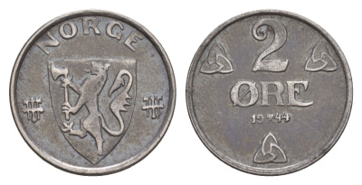 Норвегия 2 эре 1944 Хокон VII (1905-1957) KM 394 железо 4635-314