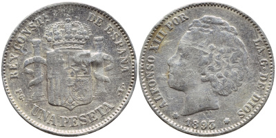 ИСПАНИЯ 1 ПЕСЕТА 1893 (93) PG-L, АЛЬФОНСО XIII (1886-1931) KM 702 (Y84) серебро 443-615