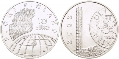 Финляндия 10 евро 2002 50 лет Олимпиаде 1952 года в Хельсинки KM 107 серебро UNC 01-162-25