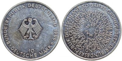 ФРГ 10 марок 1999 D, 50 лет конституции ФРГ KM 196 серебро aUNC 1520-1514