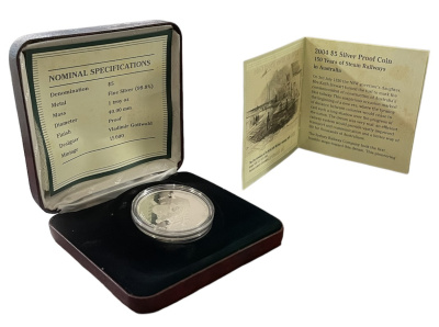Австралия 5 долларов 2004 150 лет железным дорогам Австралии, в оригинальной коробке с сертификатом KM 730 серебро   PROOF 3-4-11-06
