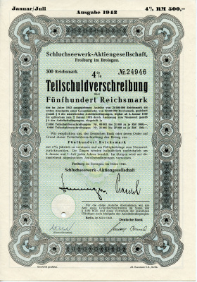Германия 500 рейхсмарок 1943 АО Schluchseewerk (оператор 5 ГЭС), Фрайбург-им-Брайсгау, 4% -ное частичное обязательство   бумага   8804-100-1
