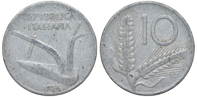 Италия 10 лир 1954 R, колосья KM 93 алюминий 4543-421