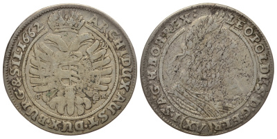 Австрия, Священная Римская империя 15 крейцеров 1662 GH, монетный двор Бреслау,  Леопольд I (1658-1705) KM 1143 серебро 413-614