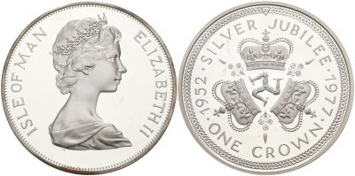 Остров Мэн 1 крона 1977 Серебряный юбилей правления королевы Елизаветы II, три короны KM 41а серебро PROOF 3-4-4-23