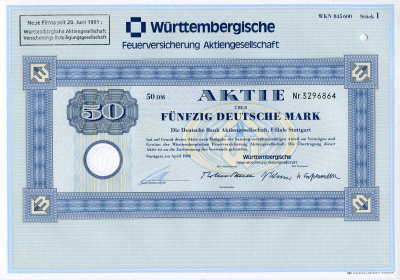 ФРГ 50 марок 1988 Акционерное общество по страхованию от пожаров Вюртемберга, акция   бумага   8803-104-1