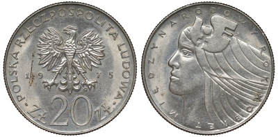 Польша 20 злотых 1975 MW, Международный год женщины KM 75, Parchimowicz 248 медно-никель UNC 4680-946