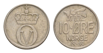 Норвегия 10 эре 1960 Улаф V (1957-1991) KM 411 медно-никель 4632-1146