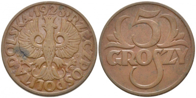 ПОЛЬША 5 ГРОШЕЙ 1928 w KM 10а бронза 110-1011