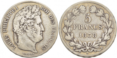 Франция 5 франков 1838 W, Луи Филипп I (1830-1848) KM 749.13 серебро 1515-334